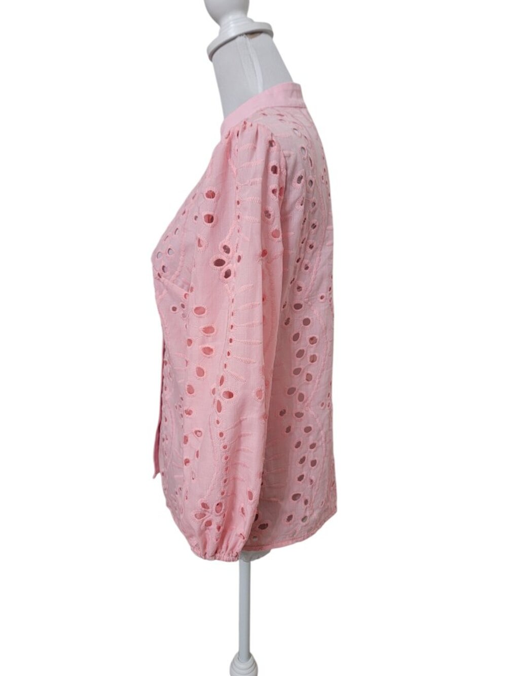 SHEIN Size S (4) Pink Hollow Out Embroidered Collared Button Down Eyelet Shirt - Picture 3 of 10